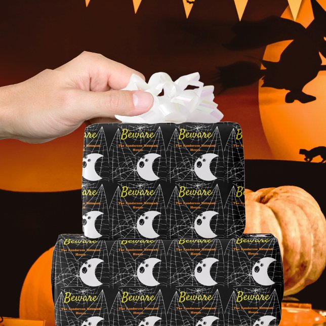 Papel De Presente Preto com aranha branca e fantasma moderno giro (Criador carregado)