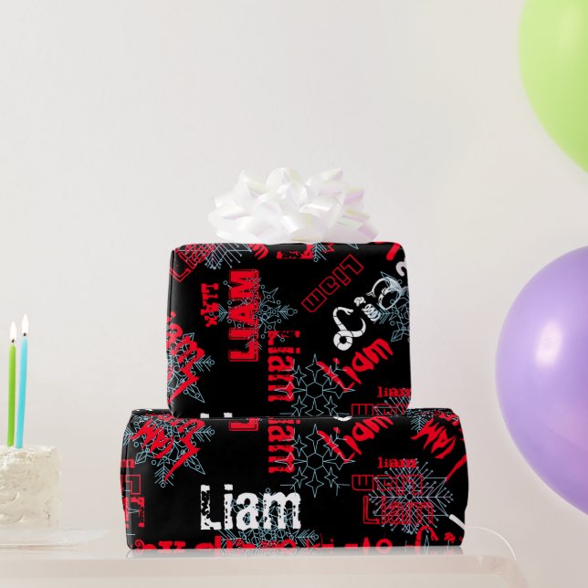 Papel de Presente Preto com Nome Mutável Vermelho, (Presentes para festas)