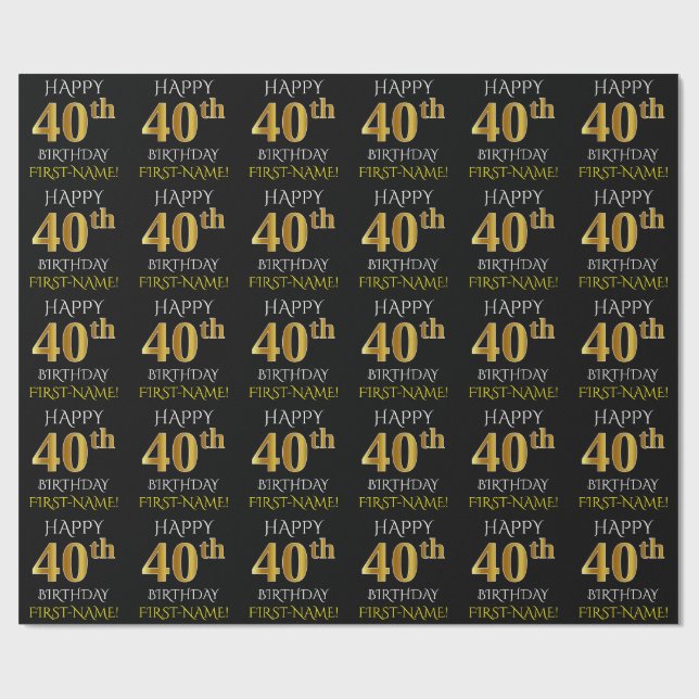 Papel De Presente Preto, Dourado "aniversário de 40 anos FELIZ" (Aberto)