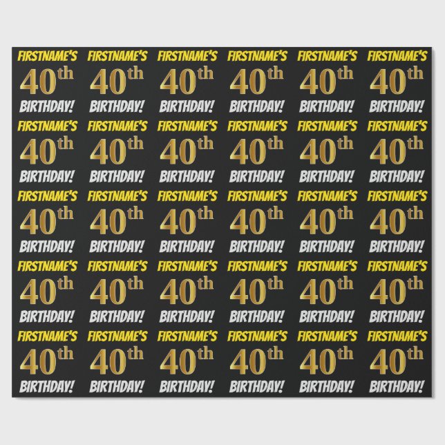 Papel De Presente Preto, Dourado Falso/Imitação, "40º ANIVERSÁRIO" (Aberto)