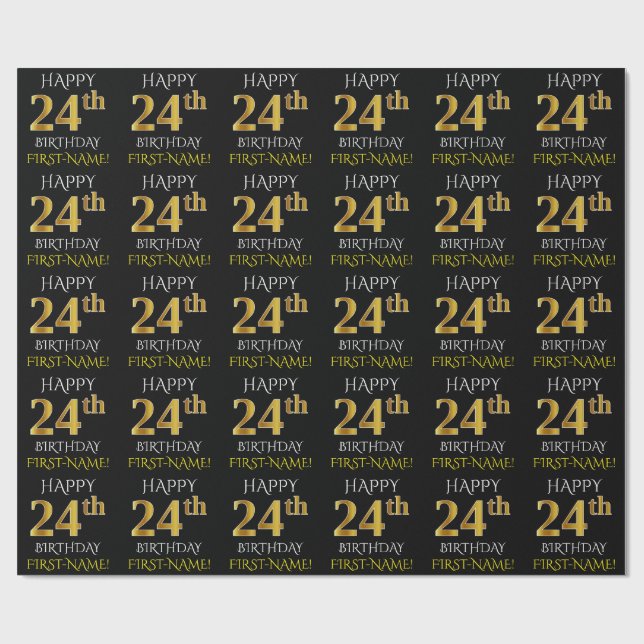 Papel De Presente Preto, Dourado "FELIZ 24 ANOS" (Aberto)