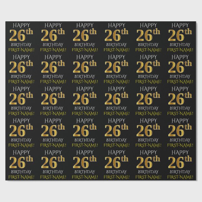 Papel De Presente Preto, Dourado "FELIZ 26 ANOS" (Aberto)
