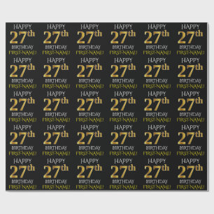Papel De Presente Preto, Dourado "FELIZ 27 ANOS"