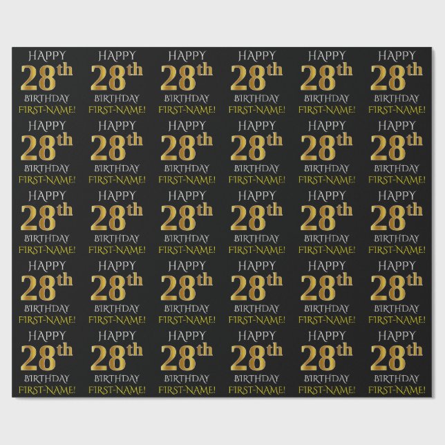 Papel De Presente Preto, Dourado "FELIZ 28 ANOS" (Aberto)