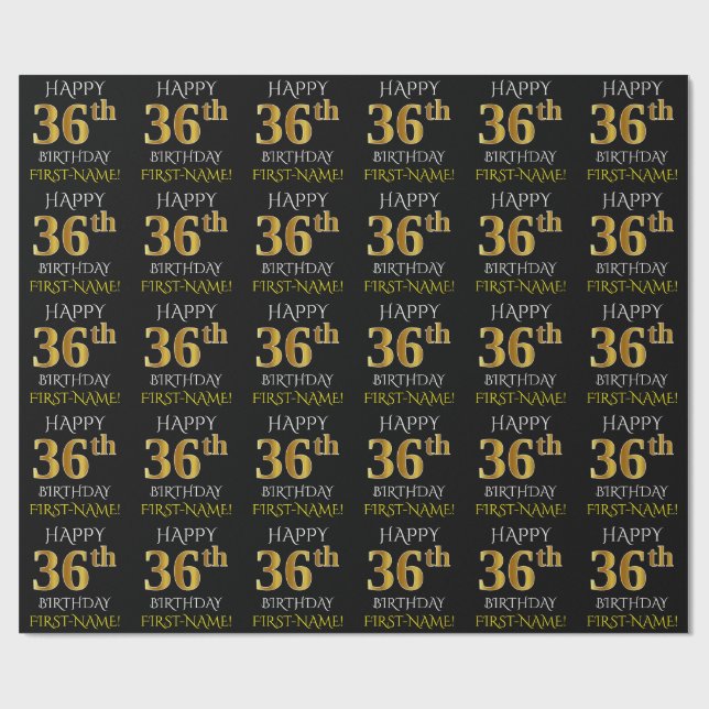 Papel De Presente Preto, Dourado "FELIZ 36 ANOS" (Aberto)