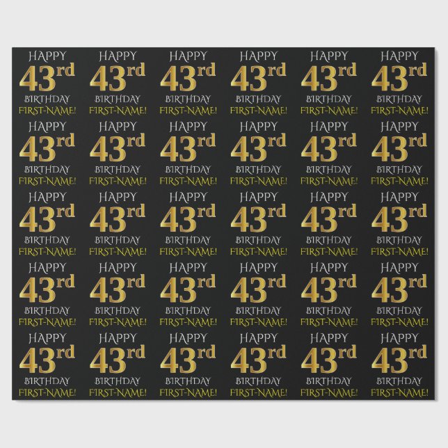 Papel De Presente Preto, Dourado "FELIZ 43 ANOS" (Aberto)
