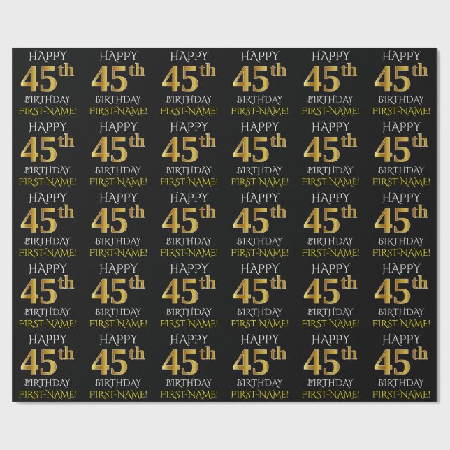 Papel De Presente Preto, Dourado "FELIZ 45 ANOS" (Aberto)