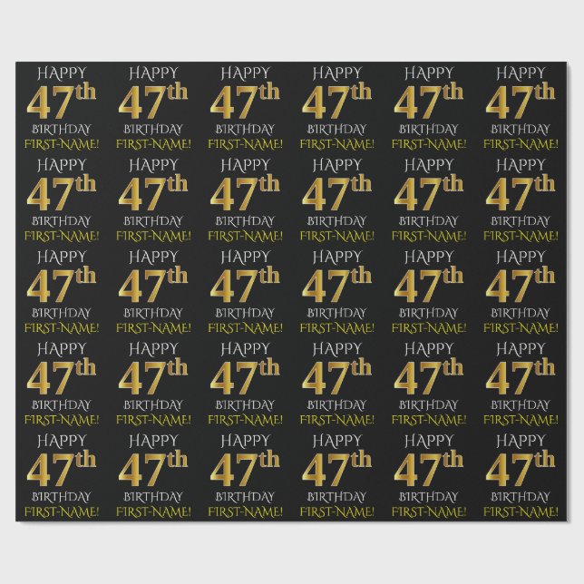 Papel De Presente Preto, Dourado "FELIZ 47 ANOS" (Aberto)