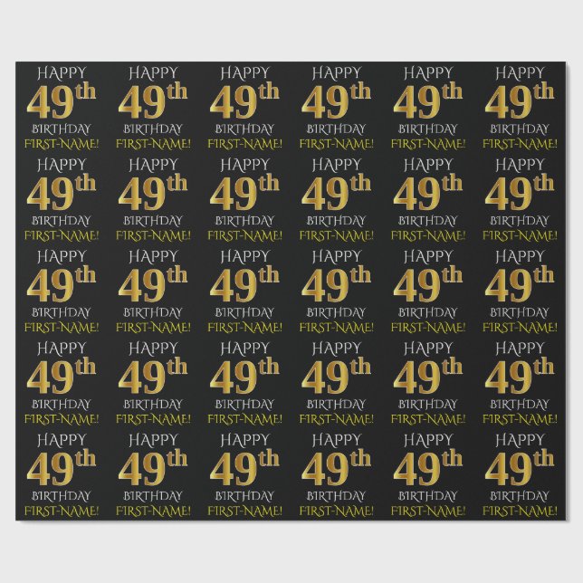 Papel De Presente Preto, Dourado "FELIZ 49 ANOS" (Aberto)