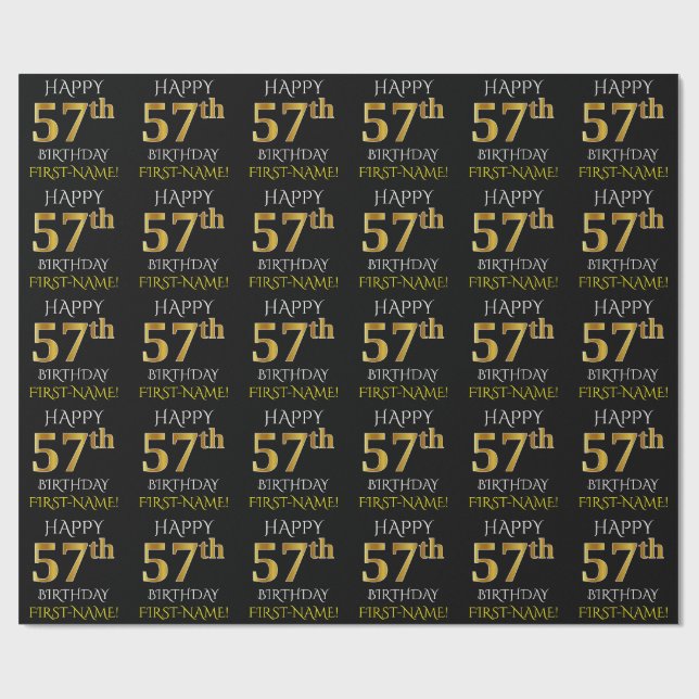 Papel De Presente Preto, Dourado "FELIZ 57 ANOS" (Aberto)