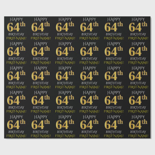 Papel De Presente Preto, Dourado "FELIZ 64 ANOS" (Aberto)