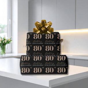 Papel De Presente Preto e Dourado Elegante Glitter Aniversário de 80