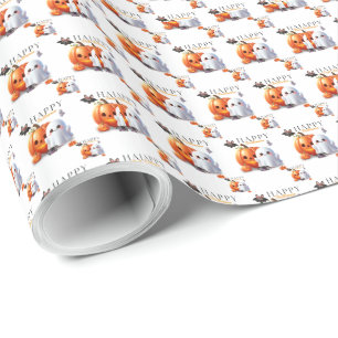 Papel De Presente Preto e Laranja Fofo Feliz Halloween