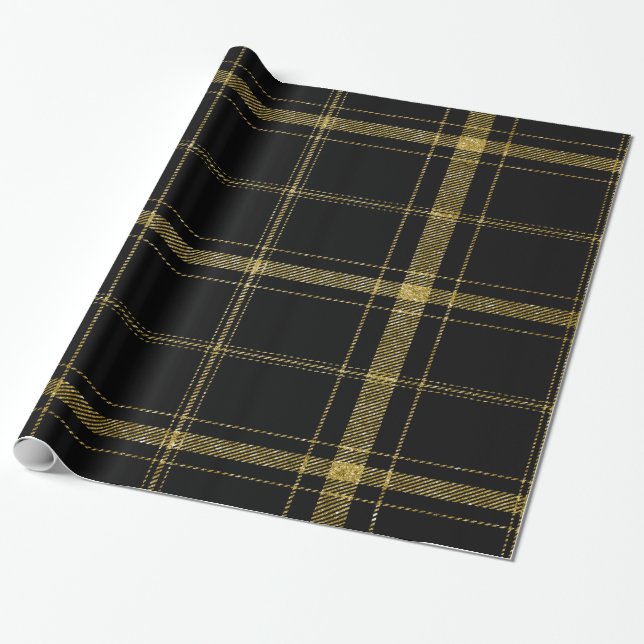 Papel De Presente Preto e ouro Plaid-03 (Desenrolado)