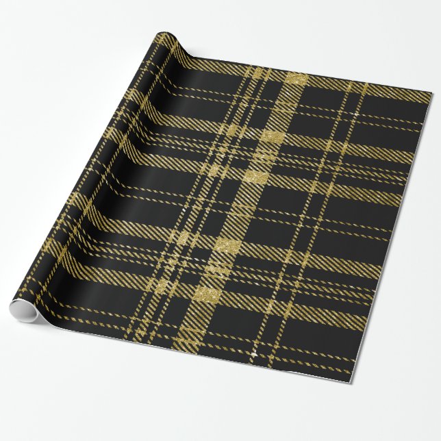 Papel De Presente Preto e ouro Plaid-07 (Desenrolado)