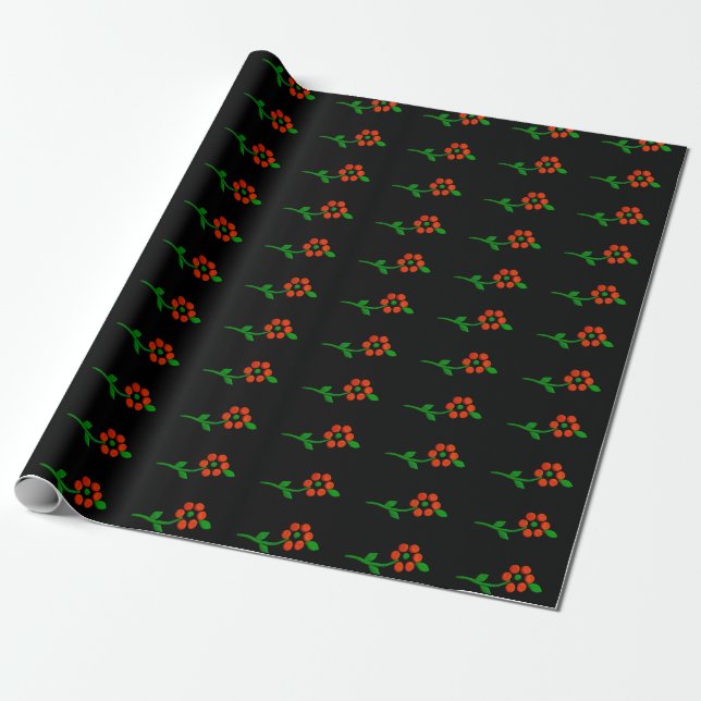 Papel De Presente Preto e Vermelho Fofo ﻿Floral e Botânicos (Desenrolado)