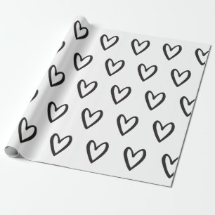 Papel De Presente Preto em Corações Retraçados a Branco