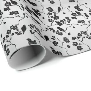 Papel De Presente Preto em Pássaros de Padrões de Prata e Flores de