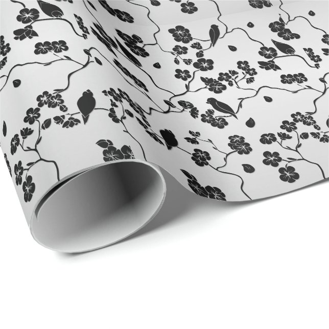 Papel De Presente Preto em Pássaros de Padrões de Prata e Flores de  (Ponta do rolo)