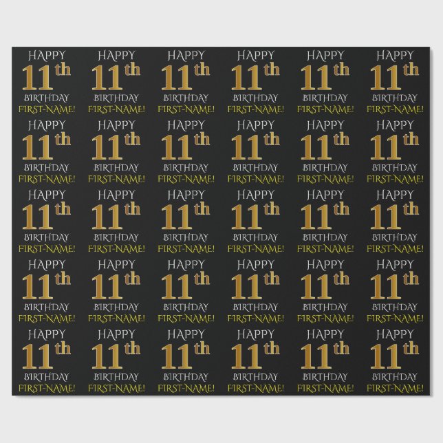 Papel De Presente Preto, falso Dourado "FELIZ ANIVERSÁRIO 11" (Aberto)