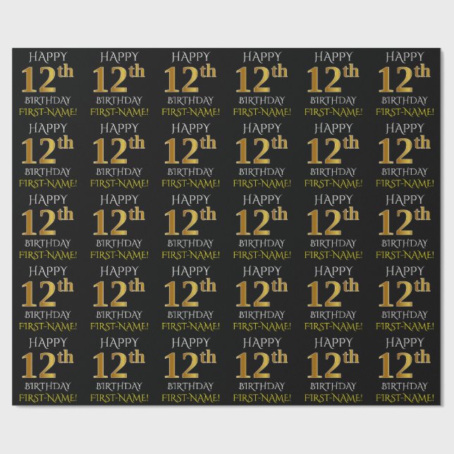 Papel De Presente Preto, falso Dourado "FELIZ ANIVERSÁRIO 12" (Aberto)