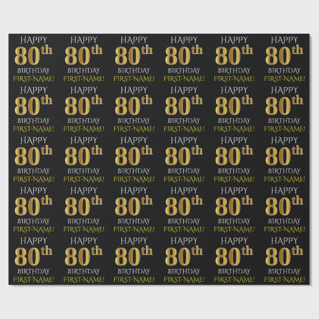 Papel De Presente Preto, falso Dourado "FELIZ ANIVERSÁRIO 80" (Aberto)