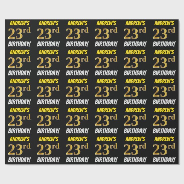 Papel De Presente Preto, Faux/Imitação Dourada, "23º ANIVERSÁRIO" (Aberto)