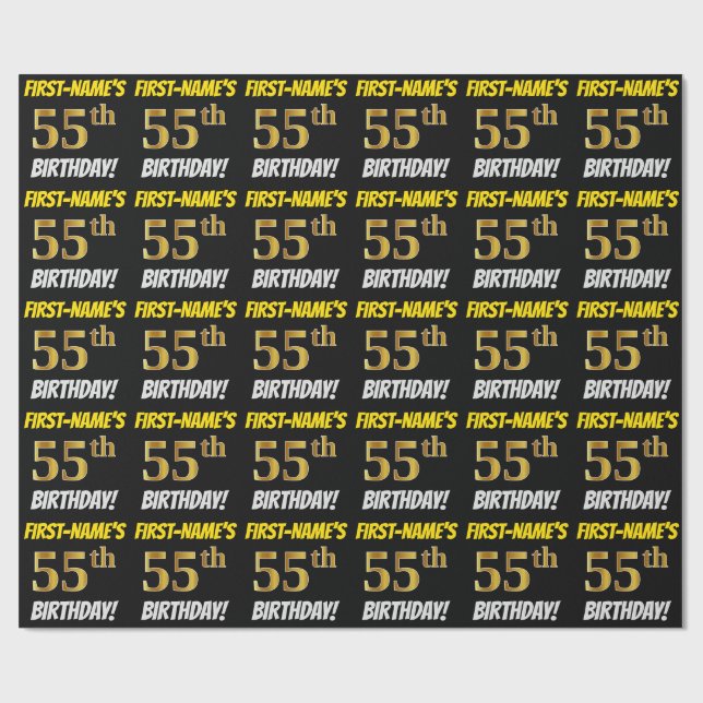 Papel De Presente Preto, Faux/Imitação Dourada, "55º ANIVERSÁRIO" (Aberto)