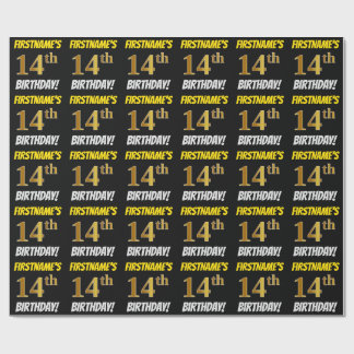 Papel De Presente Preto, Faux/Imitação Dourada, "ANIVERSÁRIO 14"