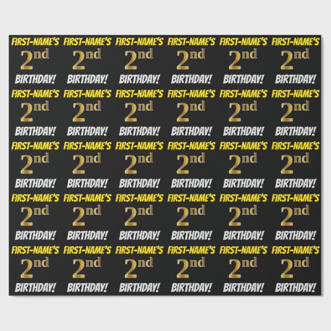 Papel De Presente Preto, Faux/Imitação Dourada, "segundo aniversário (Aberto)