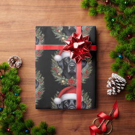 Papel De Presente Preto Festivo Labrador Vestindo Santa Hat