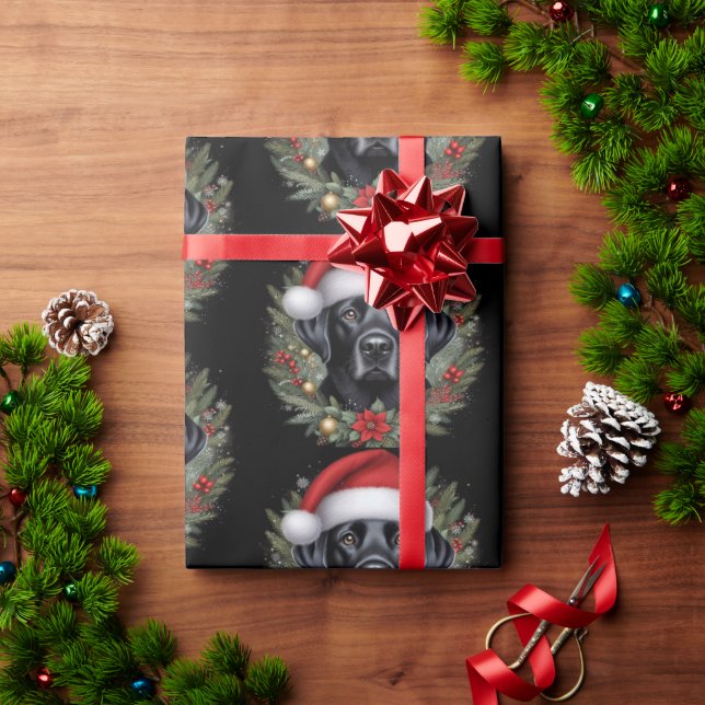 Papel De Presente Preto Festivo Labrador Vestindo Santa Hat (Presente de Natal)