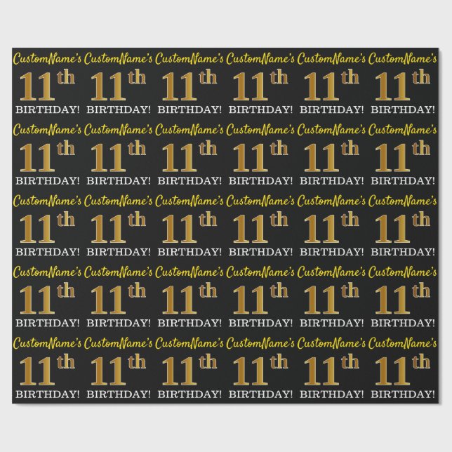 Papel De Presente Preto, Imitação de Ouro "11º ANIVERSÁRIO" (Aberto)