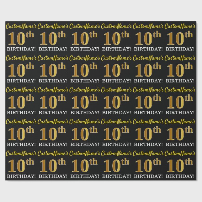 Papel De Presente Preto, Imitação Dourada "10º ANIVERSÁRIO" (Aberto)