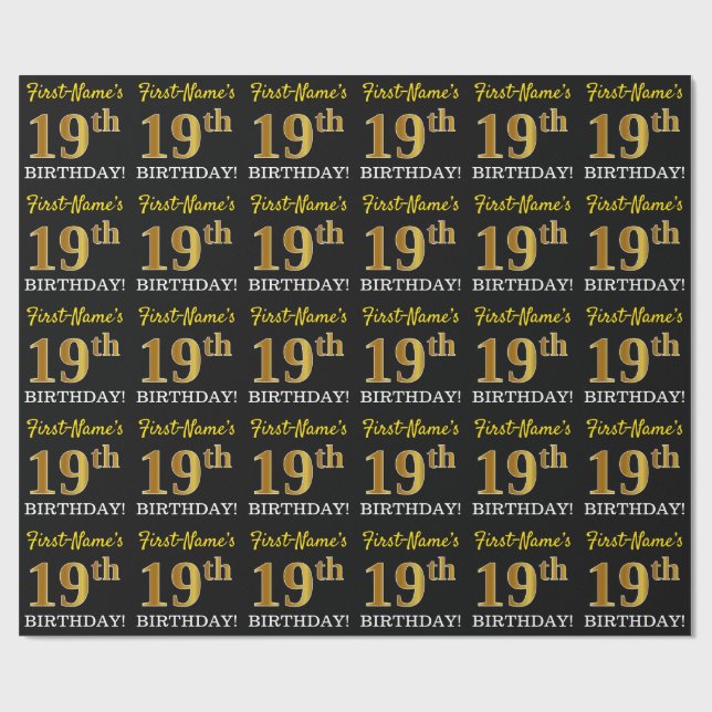 Papel De Presente Preto, Imitação Dourada "19 ANOS" (Aberto)