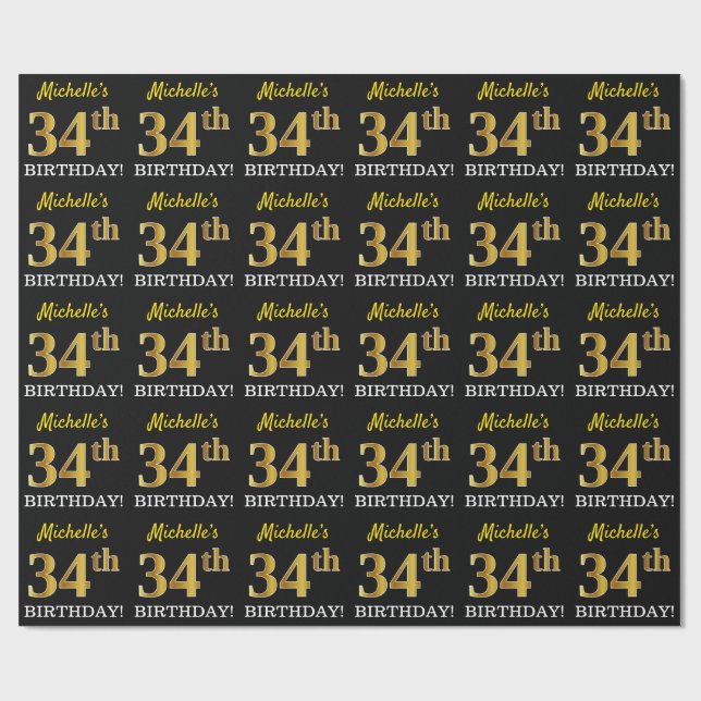 Papel De Presente Preto, Imitação Dourada "34.º ANIVERSÁRIO" (Aberto)