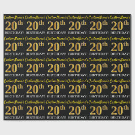 Papel De Presente Preto, imitação Dourada "ANIVERSÁRIO 20"