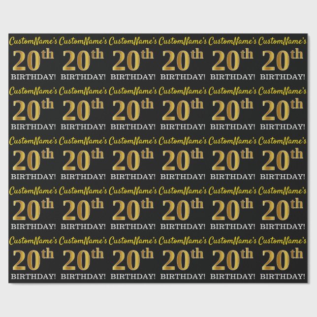 Papel De Presente Preto, imitação Dourada "ANIVERSÁRIO 20" (Aberto)