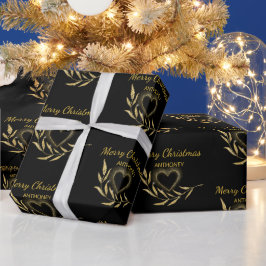 Papel De Presente Preto moderno e Dourado Nome de Natal Feliz Coraçã