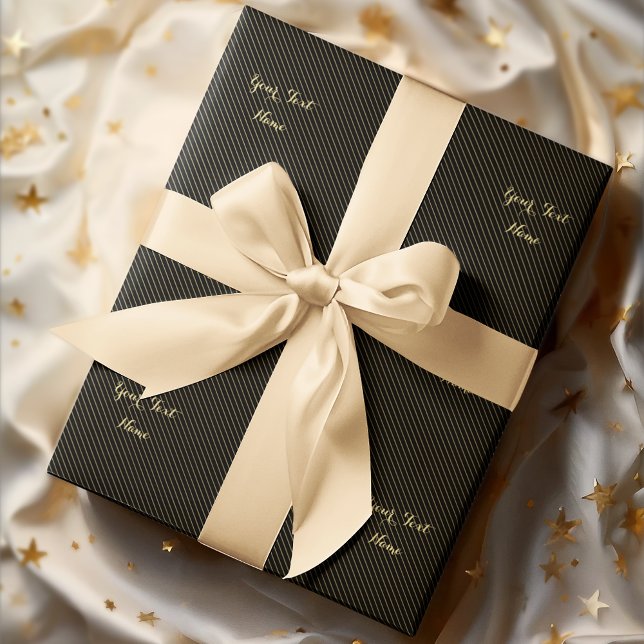 Papel De Presente Preto Moderno Falso Texto Personalizado Listras Do (White Gray Stripes Gold Text Christmas Birthday Wrapping Paper)