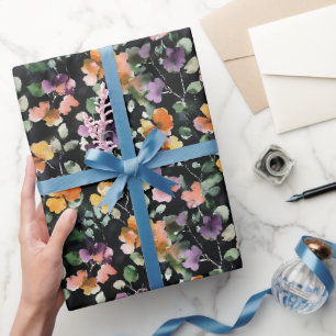 Papel De Presente Preto Pêssego Roxo Verde Floral