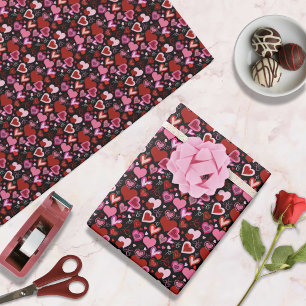 Papel De Presente Preto Rosa Vermelho Corações Amor Padrão