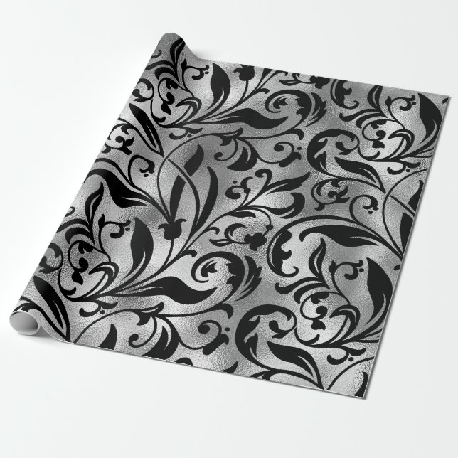 Papel De Presente Preto sem costura e prata básica Patten-22 (Desenrolado)