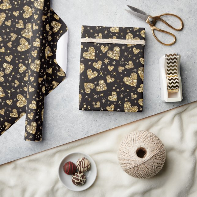 Papel De Presente Pretos Com Corações Brilhantes Dourados (Artesanato)
