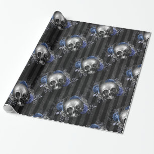 Papel De Presente Pretos e Azuis Crânios Florais Grunge Vintage