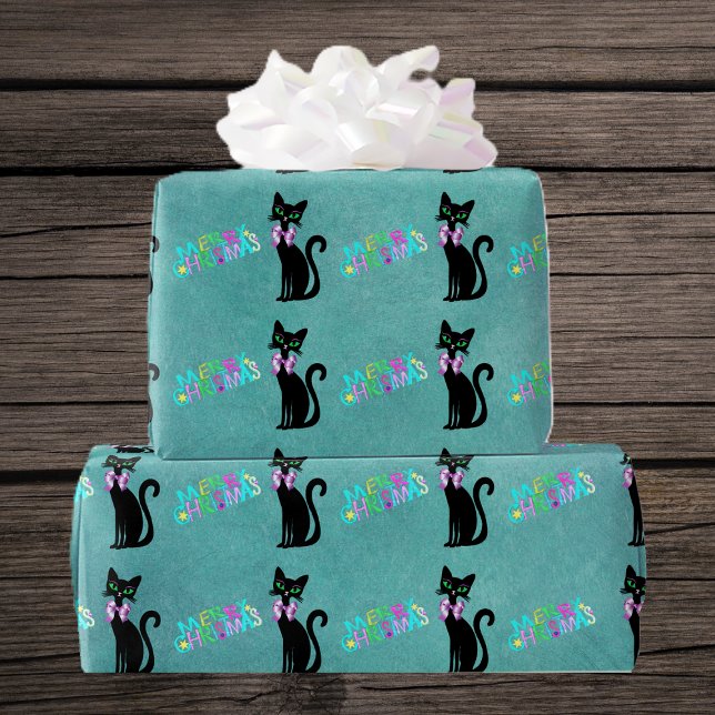 Papel De Presente Pretty Black Mid Century Cat Pink Bow Christmas (Pretty black mid century style cats colourful Merry Christmas text on teal roll of wrapping paper.)