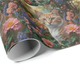 Papel De Presente Pretty white orange cat in floral garden