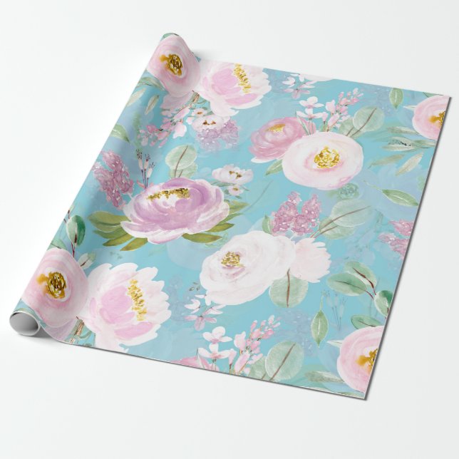 Papel De Presente Primavera Boho Hand desenhava flores em teal (Desenrolado)