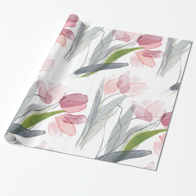 Papel De Presente Primavera Cor de Água Simples Rosa Tulipas Verde (Desenrolado)