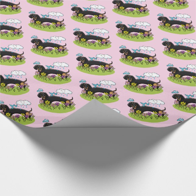 Papel De Presente Primavera Dachshund Dog Dachsie (preto e bronzeado (Ponta)